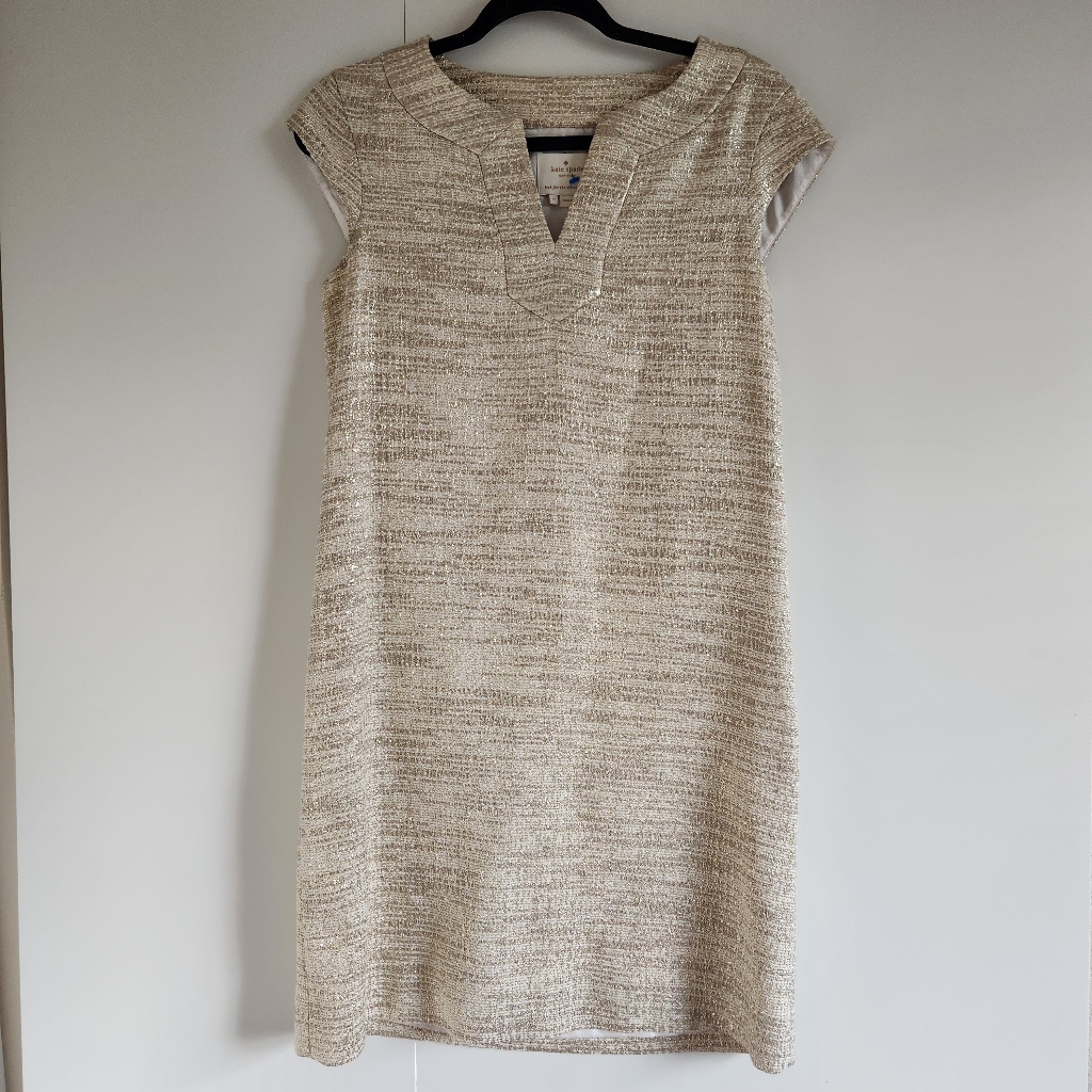 Kate Spade Heleen Gold Metallic Tweed Cocktail Dress Size 6 Wedding Guest Shift